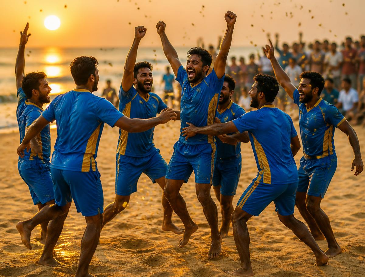 Beach cricket team celebrating a championship win on sand