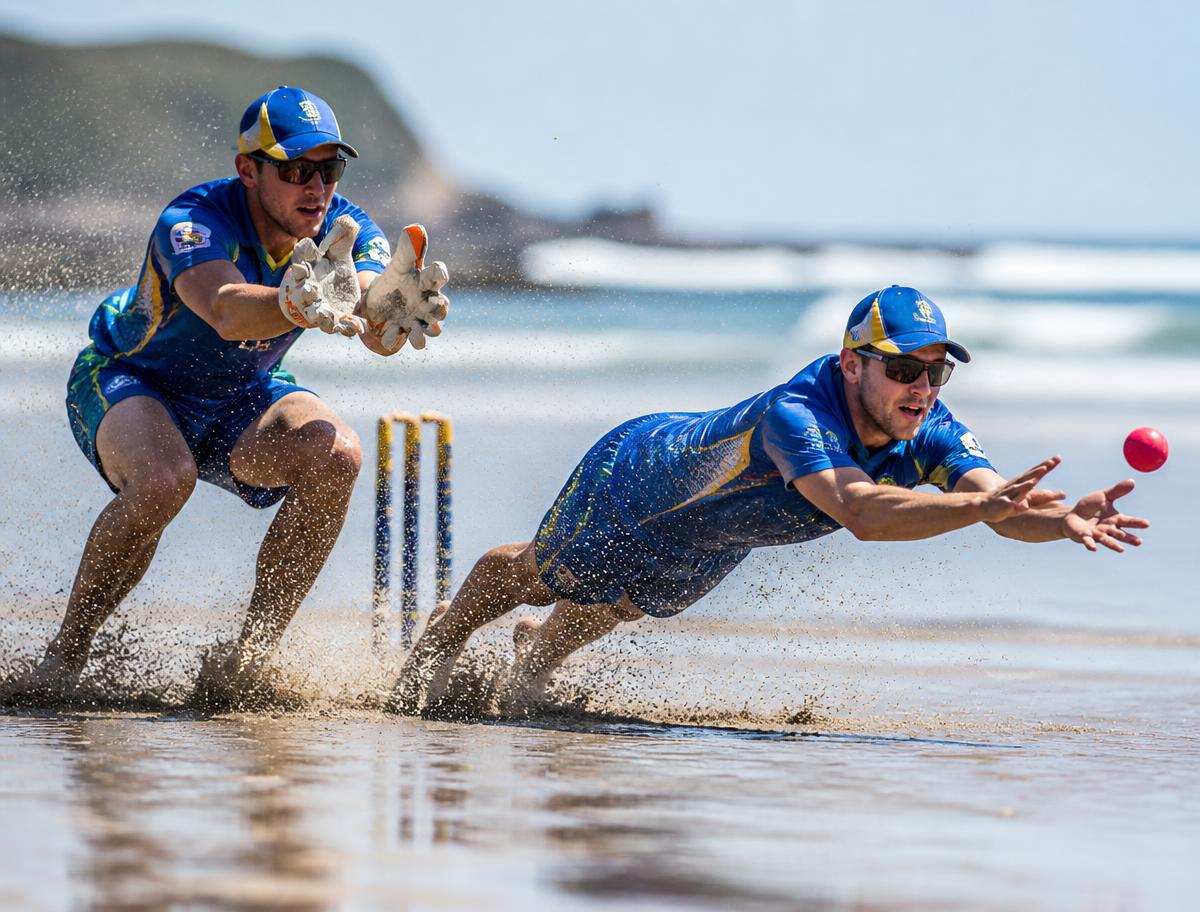 Beach cricket wicketkeeper and fielder diving for a catch on wet sand