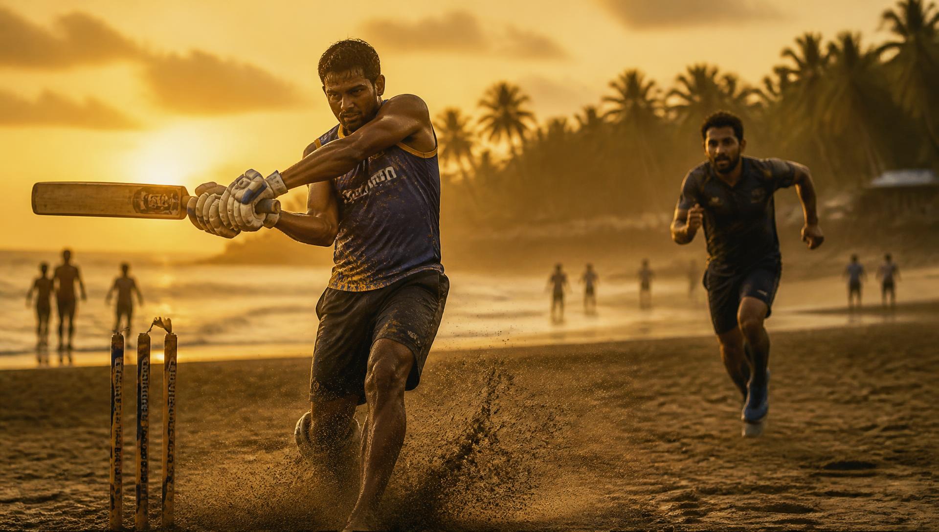 Indian beach cricket batsman driving on sand at sunset while the bowler follows through