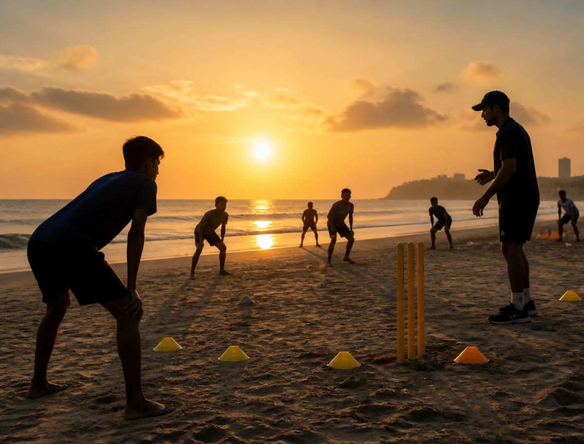 Junior beach cricket training session on sand at sunrise