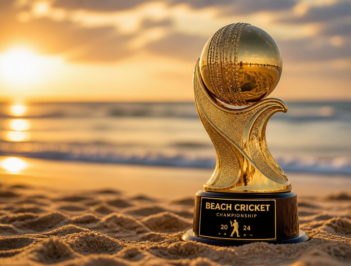 Beach cricket championship trophy on the sand at sunset
