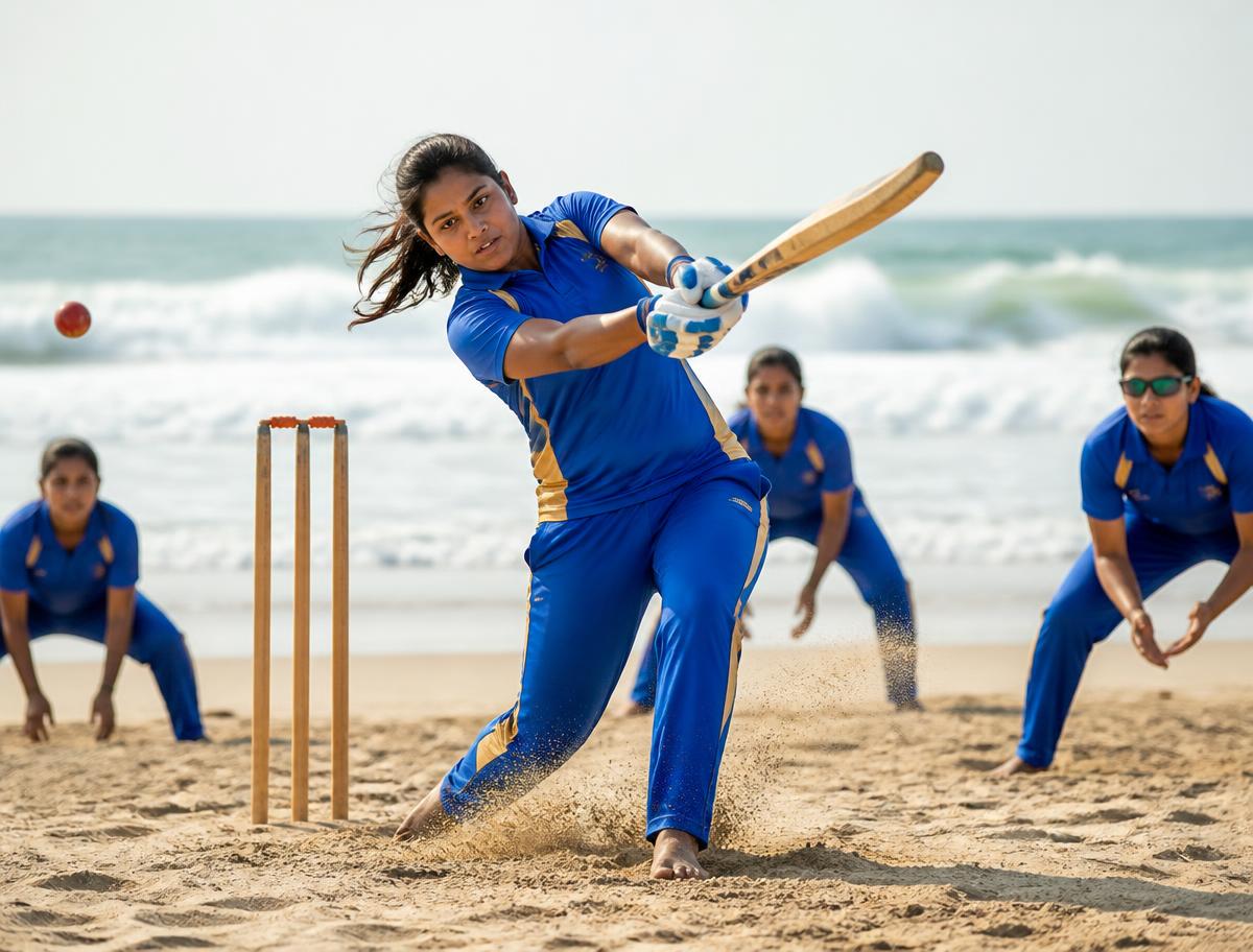 Women's beach cricket batter playing a shot on a sand pitch